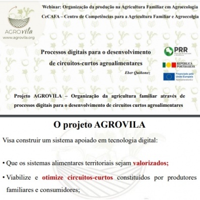 Diapositivos da apresentação "Processos digitais para o desenvolvimento de circuitos-curtos agroalimentares" do Webinar “Organização da produção na Agricultura Familiar em Agroecologia”